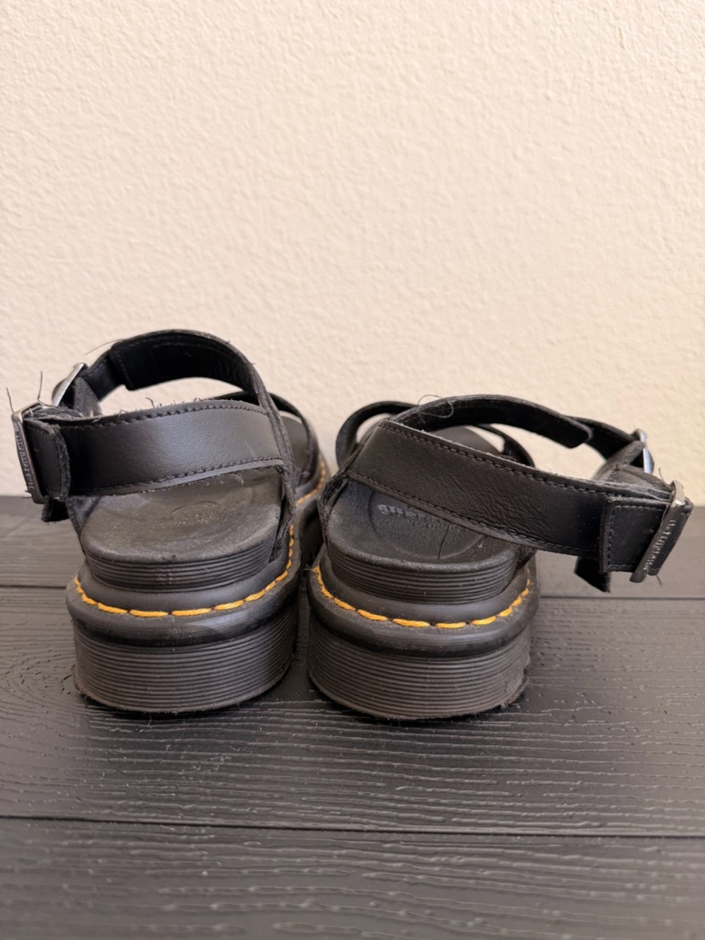 Dr. Martens Black Leather Platform Sandals with Yellow Stitching - Picture 4 of 4